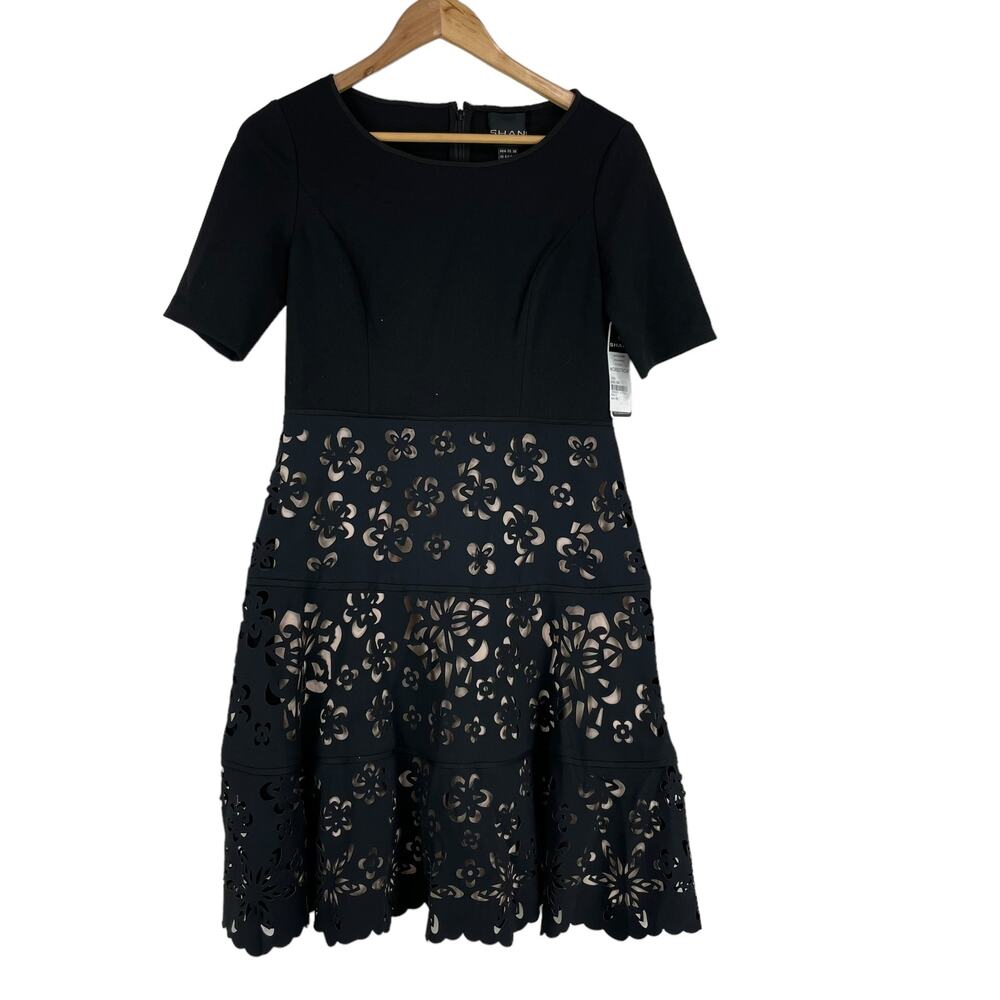 Shani NWT Laser Cut Ponte Fit & Flare Black Nude Dress Size 4 Floral Half Sleeve - Picture 2 of 10